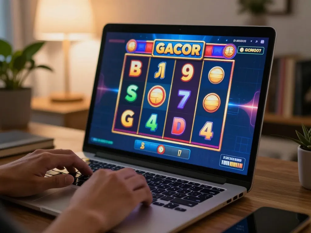 Player engaging with a slot gacor game on a laptop, deep focus on colorful slot graphics