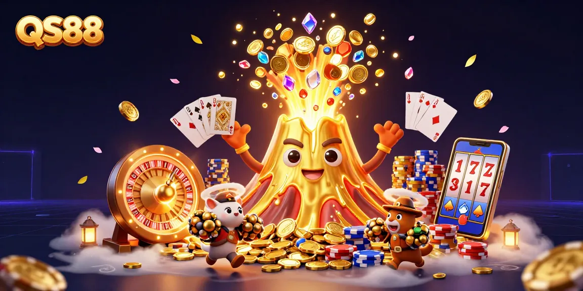 Experience the excitement of QS88 with a dynamic casino scene featuring a golden volcano erupting treasures, perfect for online players.
