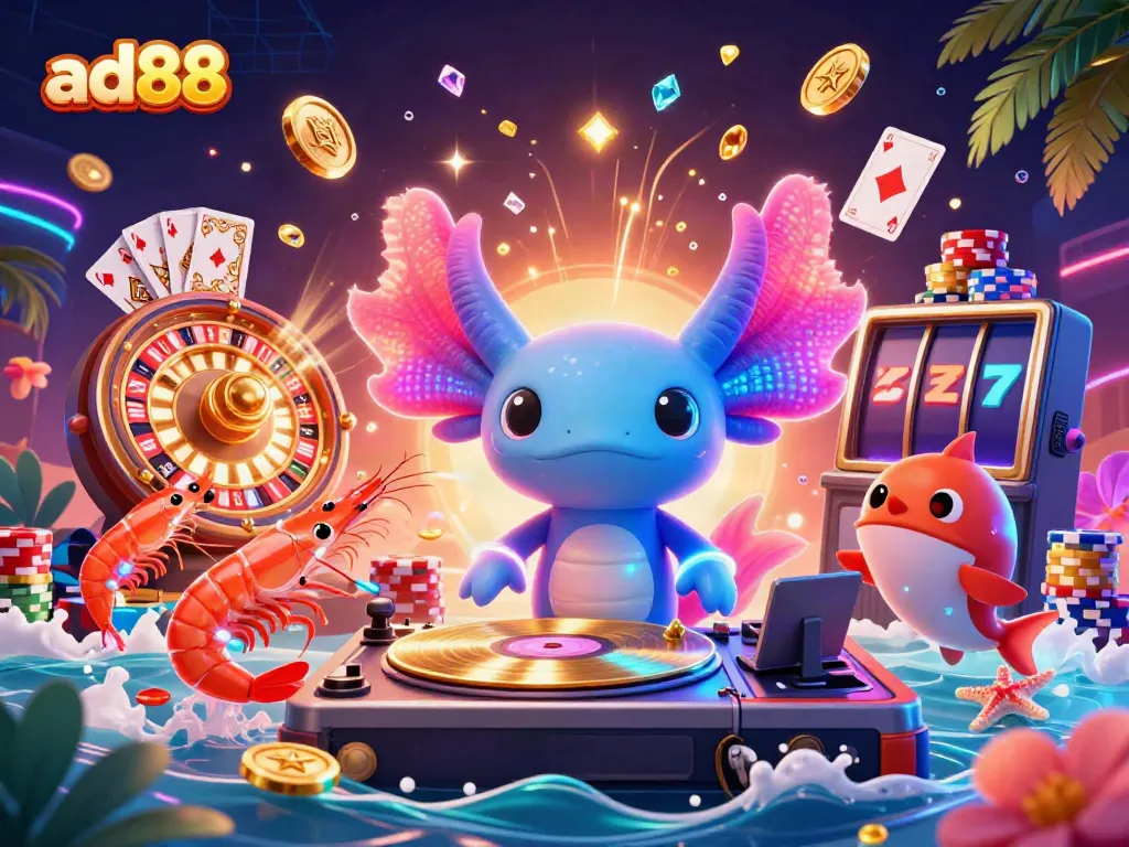 Experience ad88's vibrant gaming scene with an axolotl DJ, shrimp dancers, and festive casino elements.