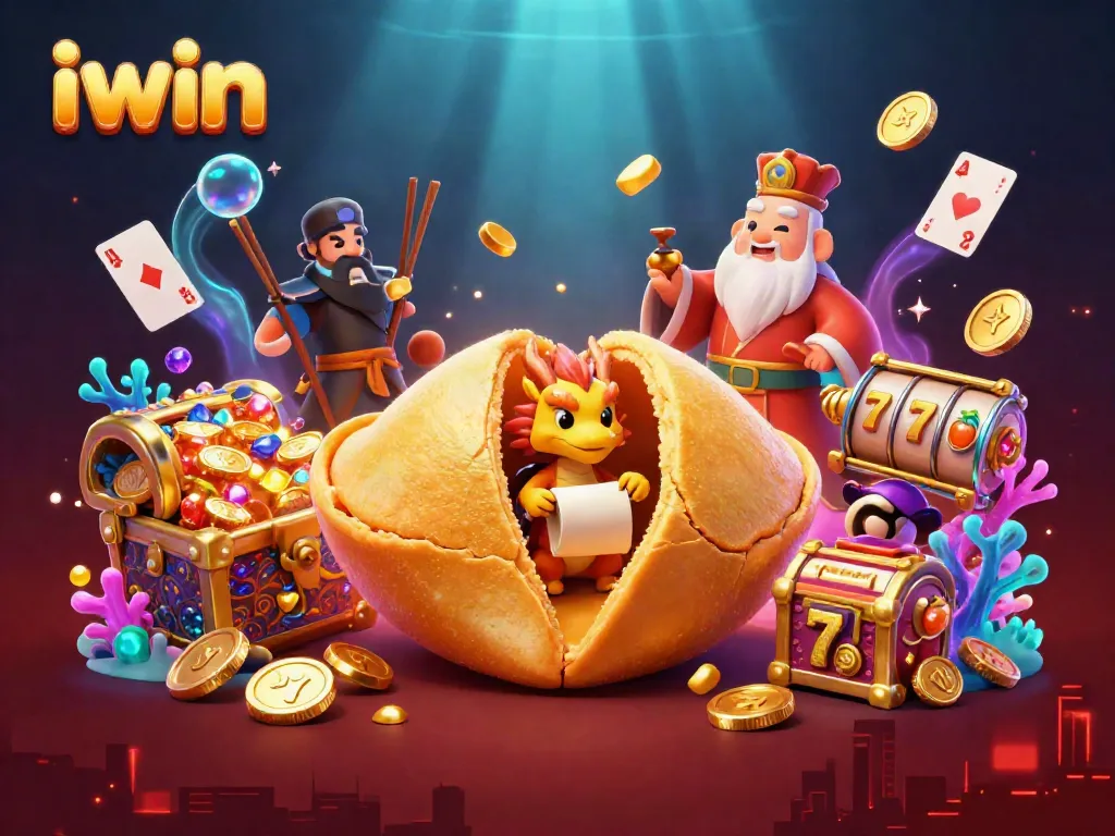Experience iwin's exciting casino atmosphere with a vibrant 3D illustration of fortune cookie characters and slot game themes.