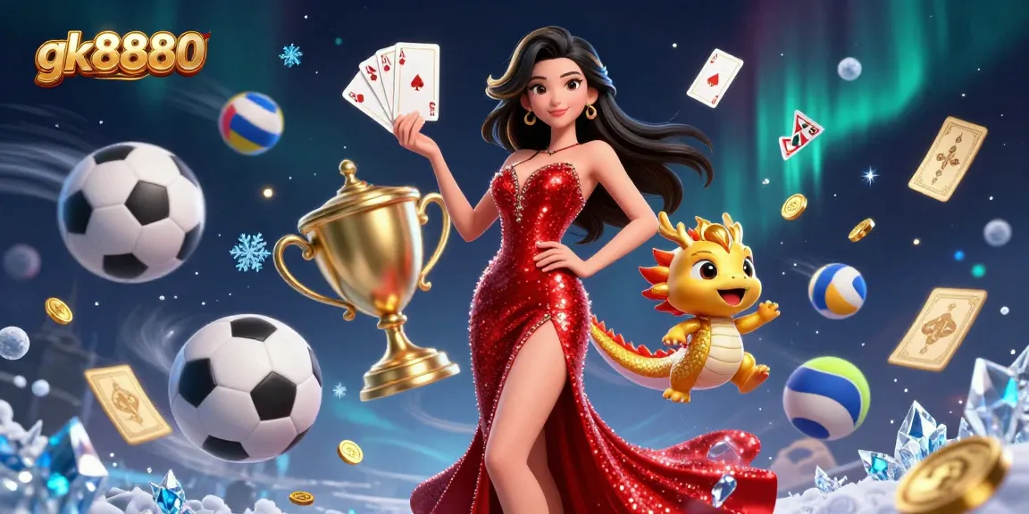 gk8880 showcases a stunning Asian woman in a red gown alongside a golden dragon mascot, with casino elements.