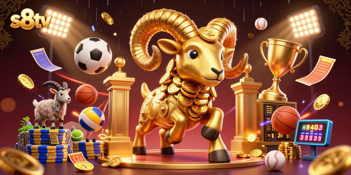Engage with S8TV's thrilling sports betting visuals featuring dynamic sports balls and golden elements.