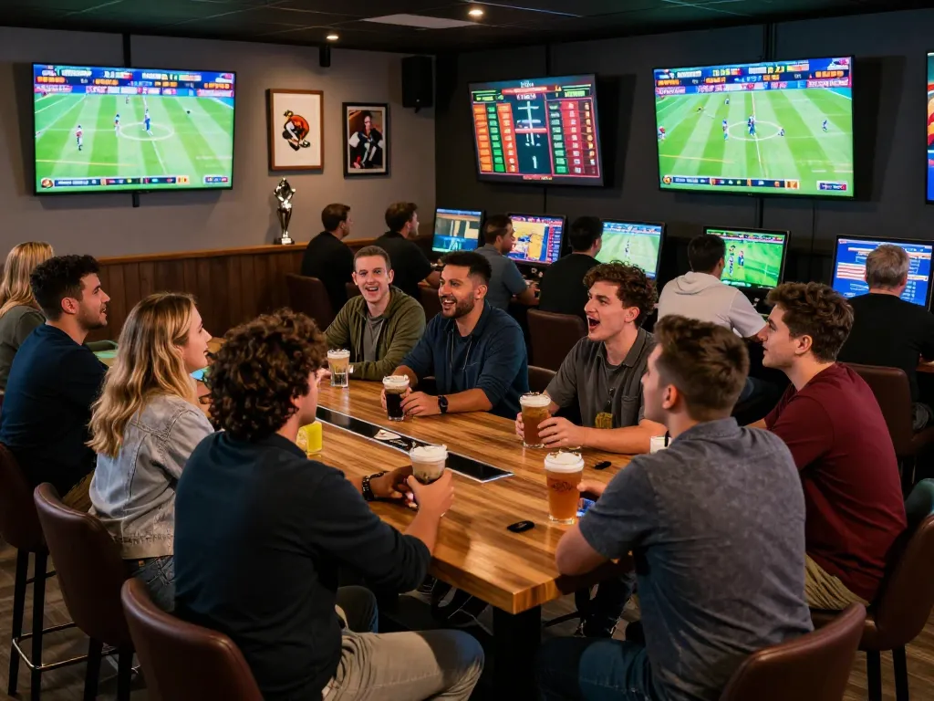 Excited bettors engage in sports betting strategies at a lively lounge, featuring rikbet odds on large screens.