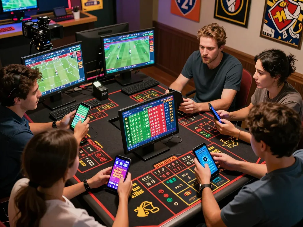 Friends engaging in sports betting using SC88COM app on mobile devices in a bustling environment.
