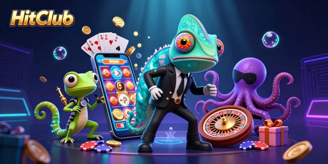 HitClub brings excitement with a colorful slot game illustration featuring dynamic characters and casino elements.