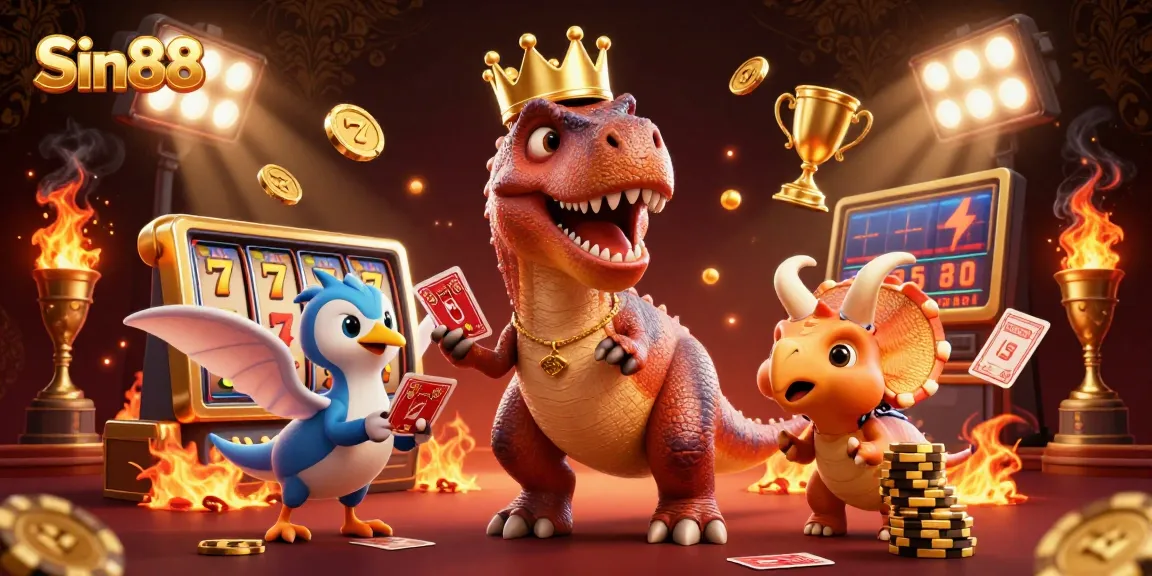Engage in thrilling slots with Sin88 featuring a T-Rex and friends in a dynamic casino atmosphere.