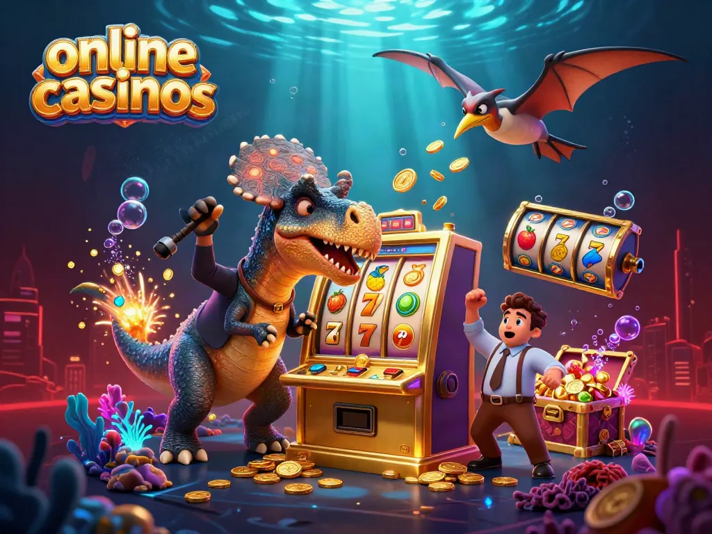 Engaging scene of online casinos with a dino headbutting a slot machine, where coins fly around.