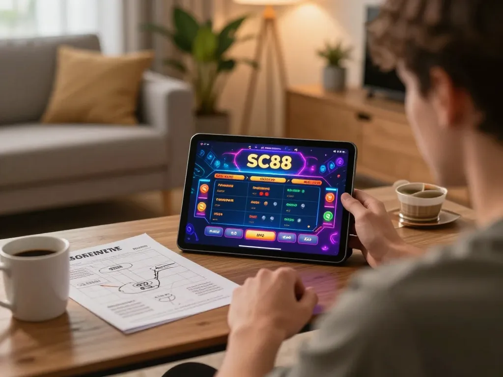 Player enjoying SC88 online casino on tablet in a cozy home environment, emphasizing responsible gaming.