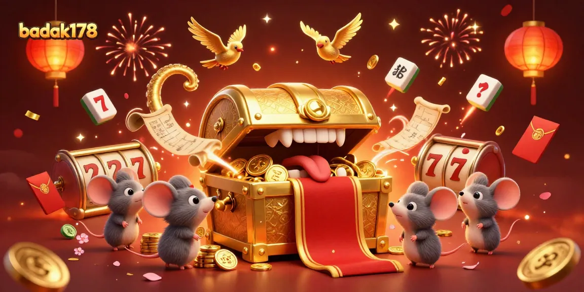 Experience the excitement of badak178 with animated slot reels and adventurous treasure seekers in a vibrant casino scene.