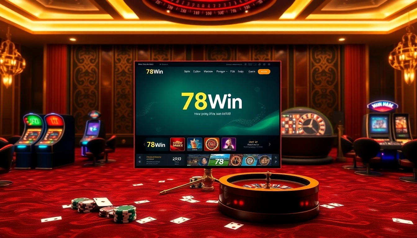 Exciting online gambling scene featuring Trang chủ 78Win with casino tables and vibrant slot machines.