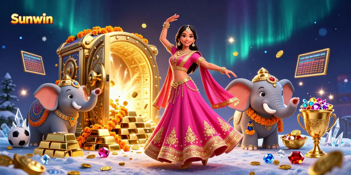 Join in the excitement of Sunwin as a stunning Asian woman celebrates with vibrant lottery and casino elements.