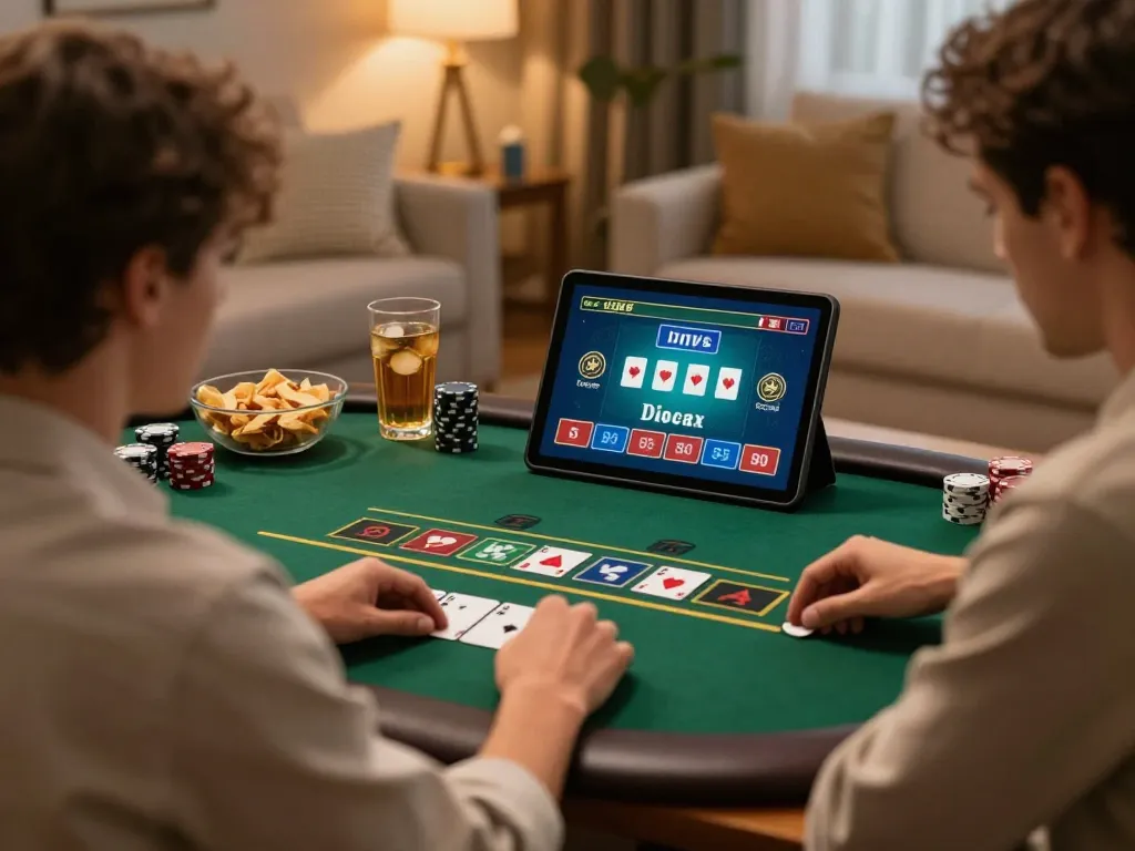 Player using tablet for online vaobet blackjack game at home with snacks nearby.