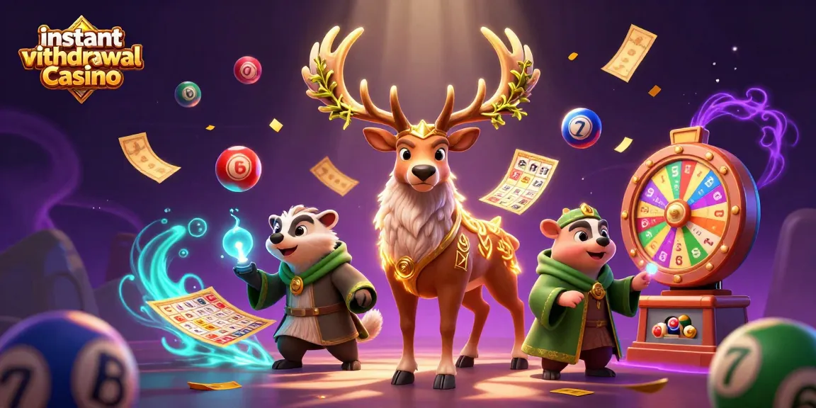 Experience instant withdrawal casino excitement with vibrant illustrations of gaming elements and characters.