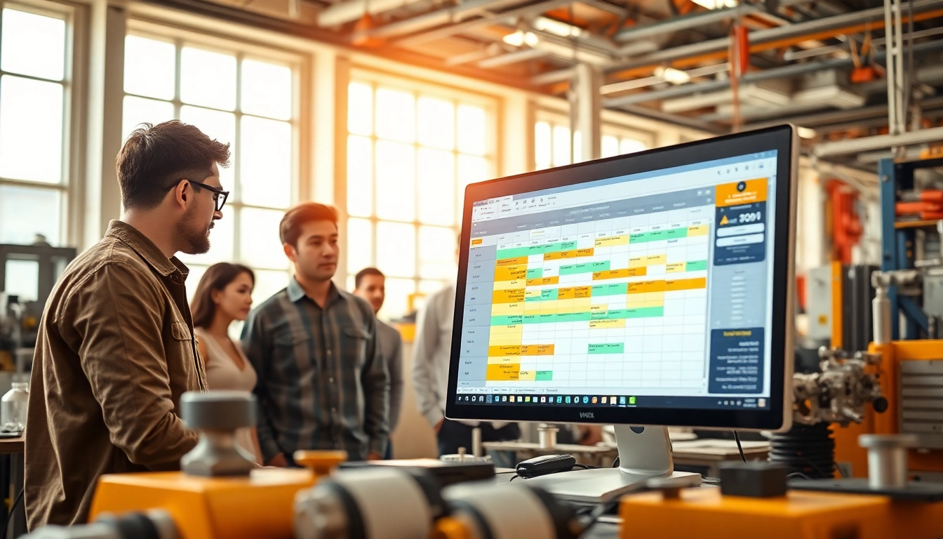 Team collaborating on manufacturing scheduling software in a bright office environment.
