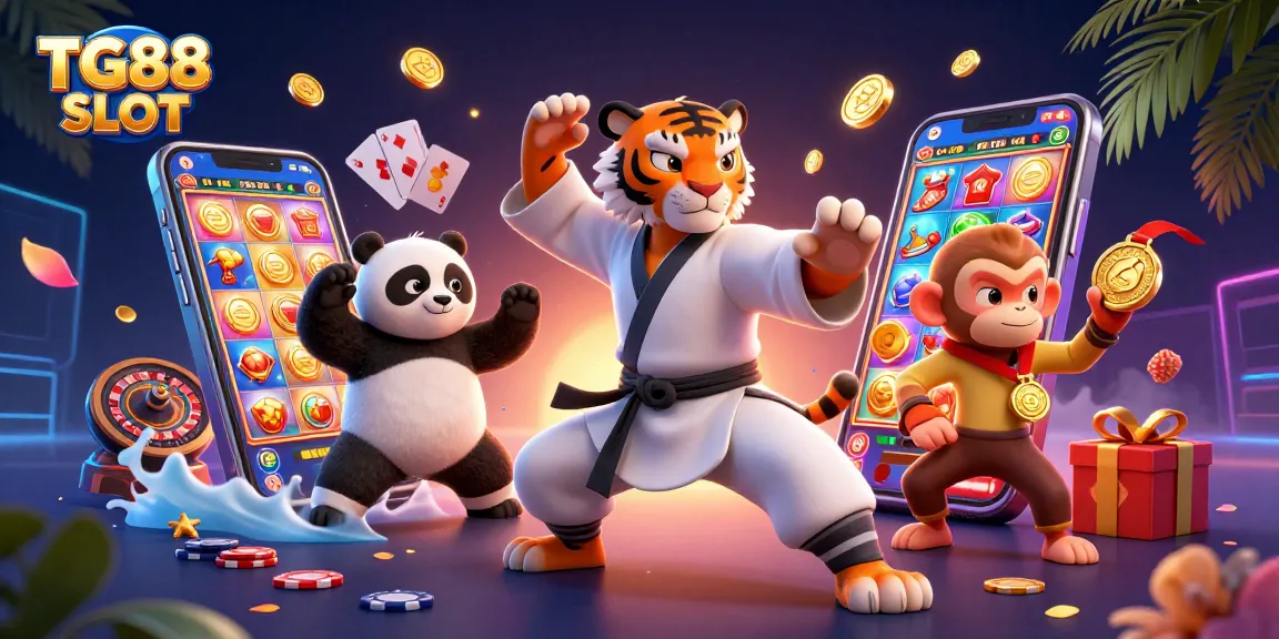 Experience the excitement of TG88 SLOT with vibrant reels, playful characters and gold coins in an engaging 3D scene.