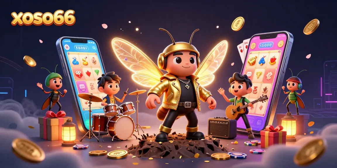 xoso66 draws players in with a vibrant, exciting illustration of a lottery rock star and game elements.
