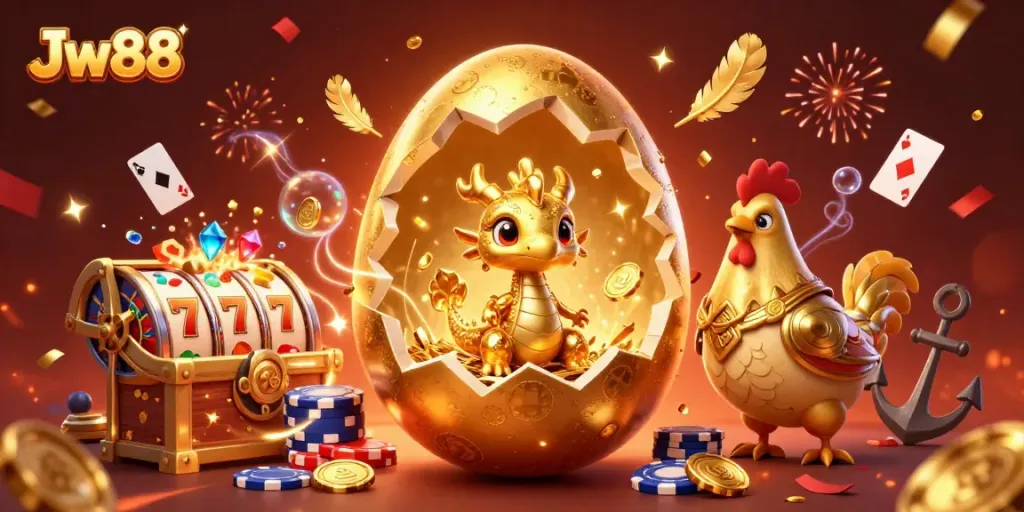 Engaging Jw88 illustration showing a golden dragon and poker chips amidst a festive casino scene.