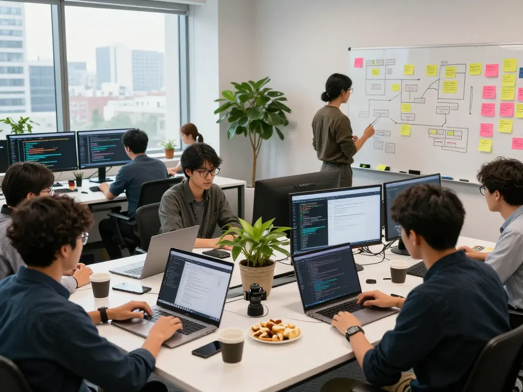 Software developers collaborating on projects at https://thscrore.app/ in a vibrant modern workspace.