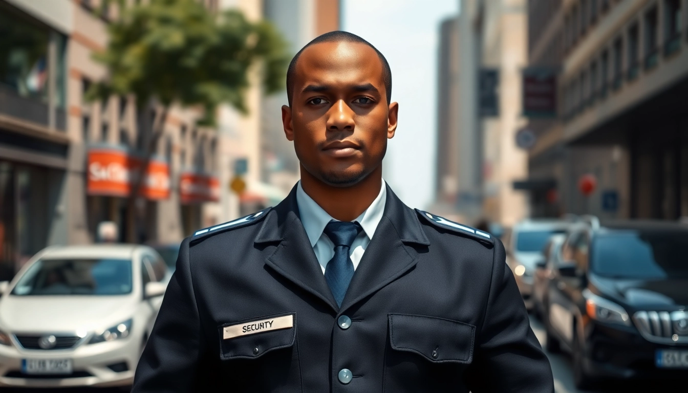 Personal security guard stands ready in an urban setting, showcasing professionalism and vigilance.