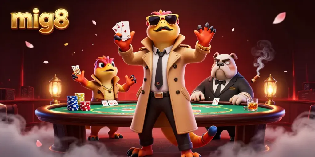 Raptors sneak into a VIP casino lounge at mig8, showcasing unusual poker gameplay.