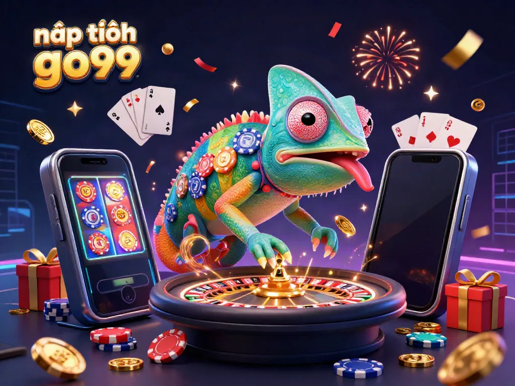 Play exciting games at nạp tiền go99 with an energetic chameleon casino owner surrounded by vibrant casino elements.