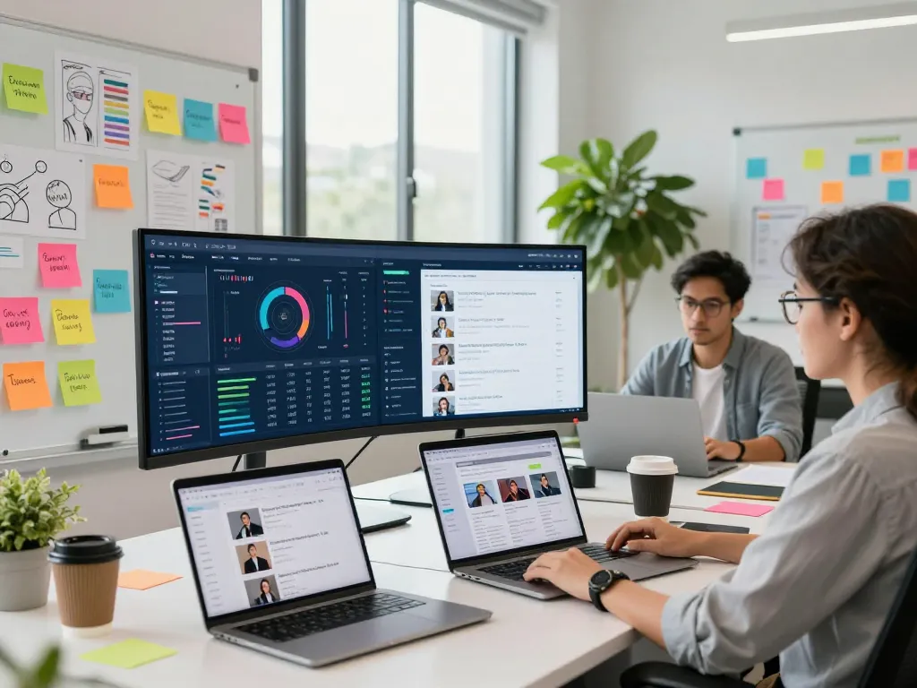 Marketing strategist at https://7mvna.com/ analyzing data and performance metrics in a vibrant workspace.