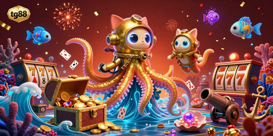 Engage with tg88's vibrant casino-themed scene featuring a kraken, diving cat, and fish, surrounded by gambling elements.