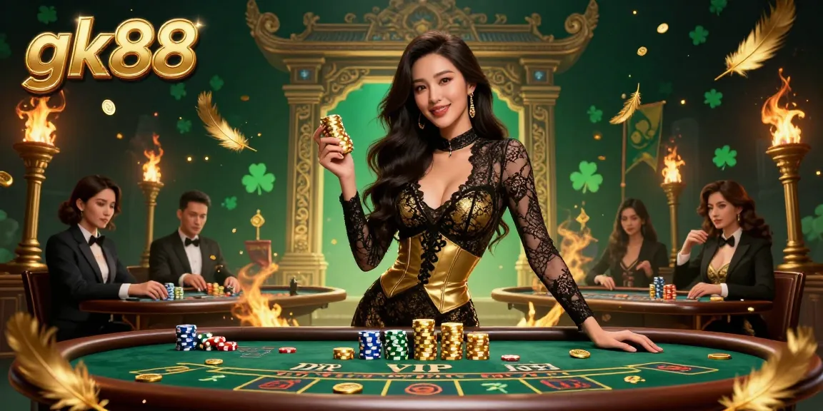 Experience high-stakes gambling at gk88, featuring a glamorous Asian woman at a VIP baccarat table.