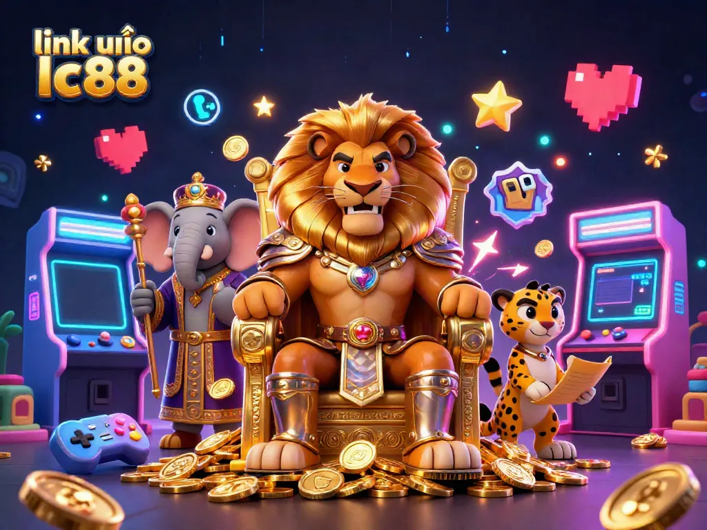 Experience the thrill of gaming at link vào lc88 with an illustration showcasing a fierce lion king, elephant advisor, and cheetah messenger in an arcade casino.