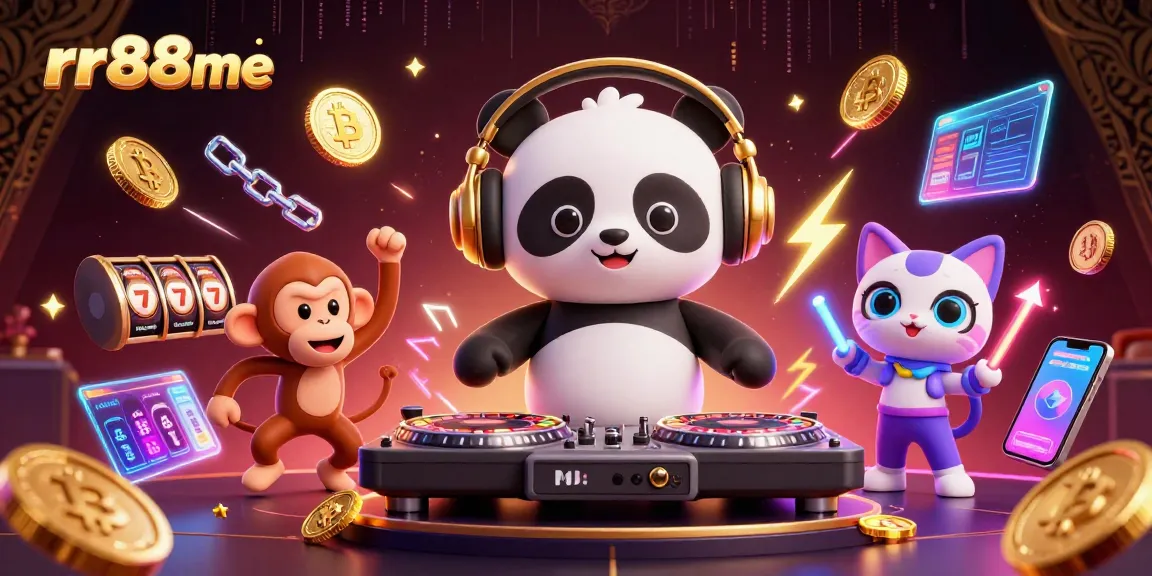 Engage with thrilling experiences at rr88me, featuring a DJ panda, breakdancing monkey, and rave kitten in vibrant casino aesthetics.