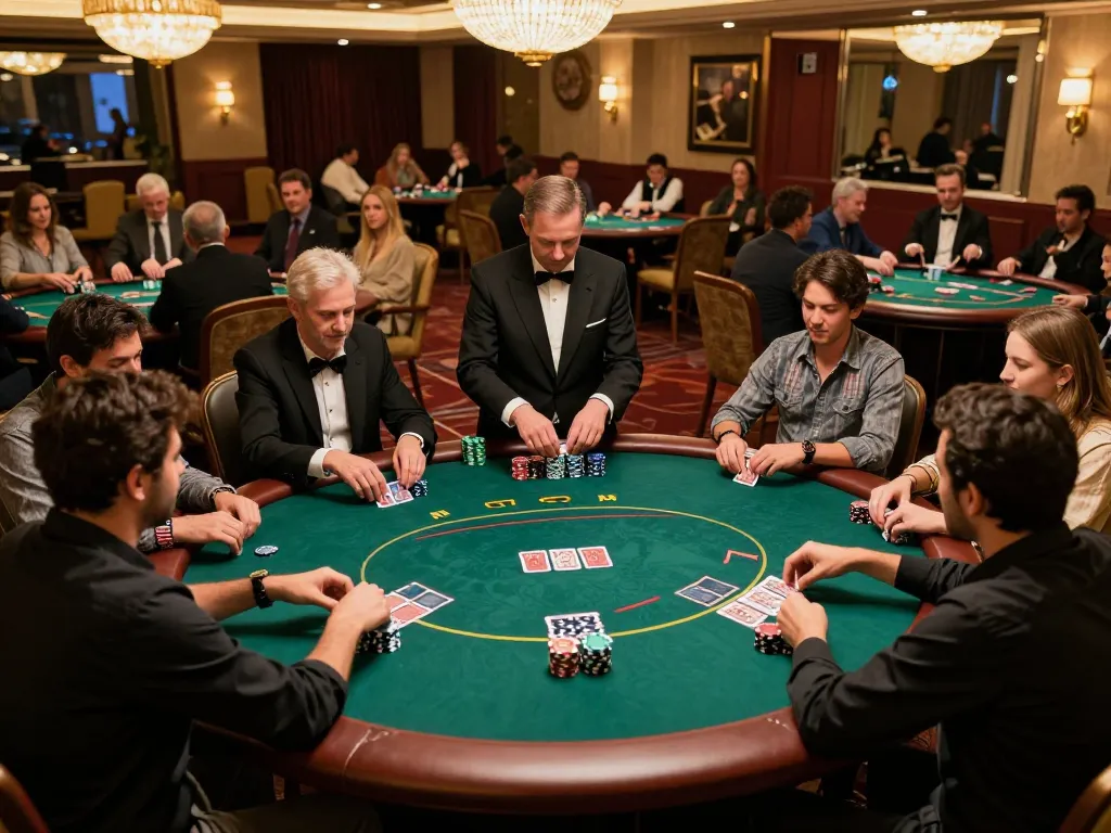 Các người chơi đang xây dựng chiến lược tại bàn poker trong casino LUCK8, thể hiện động lực của trò chơi và bầu không khí sang trọng.