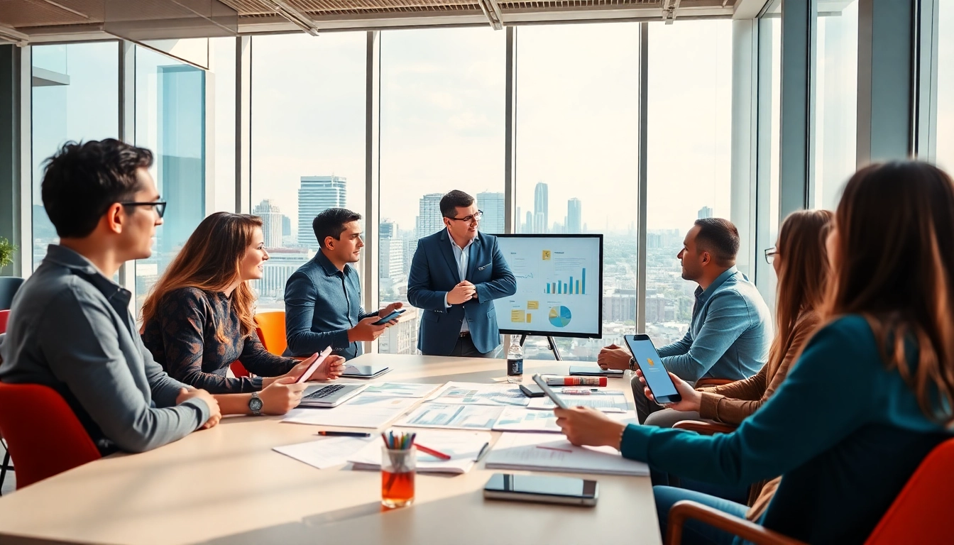 Colaboración en equipo de marketing digital en guadalajara en una oficina moderna.