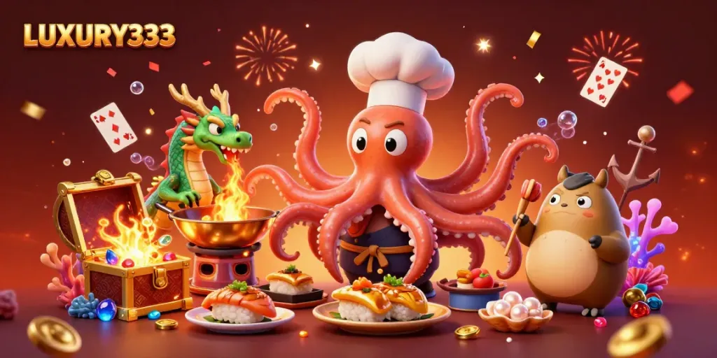 Permainan LUXURY333: Chef sushi kartun dan karakter fantastis merayakan jackpot.