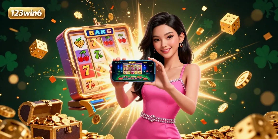 Experience the thrill of 123win6 with a stunning Asian woman presenting a live dealer casino game, surrounded by lively slot machines and golden coins.
