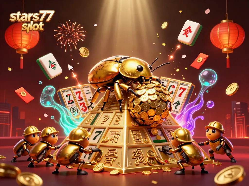 Gambarkan pengalaman slots terbaik di stars77 slot dengan simbol keberuntungan dan koin emas yang mengelilinginya.