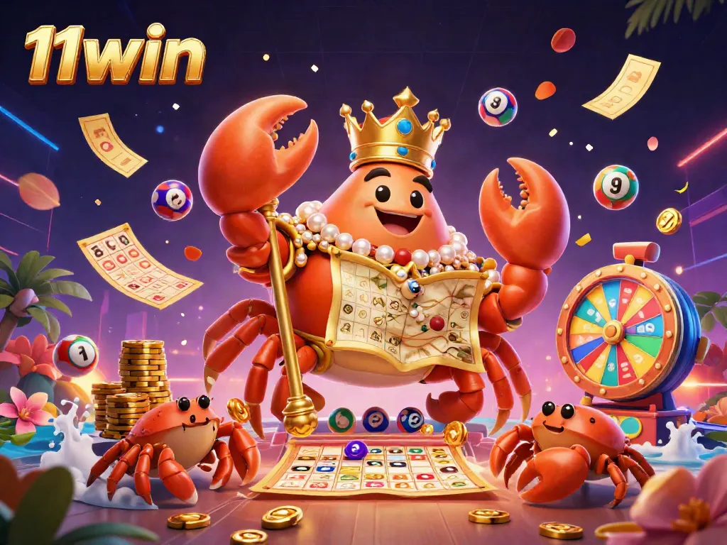 Experience the thrill of winning at 11win with a dynamic illustration of the casino atmosphere featuring a golden crab and games.