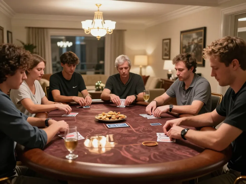 Players at a poker night strategically analyzing hands while enjoying sam86 gameplay in a cozy atmosphere.