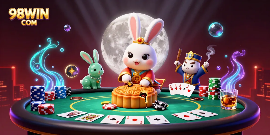 Engage with 98WIN COM as the moon rabbit reveals poker chips inside golden mooncakes in this vibrant casino scene.