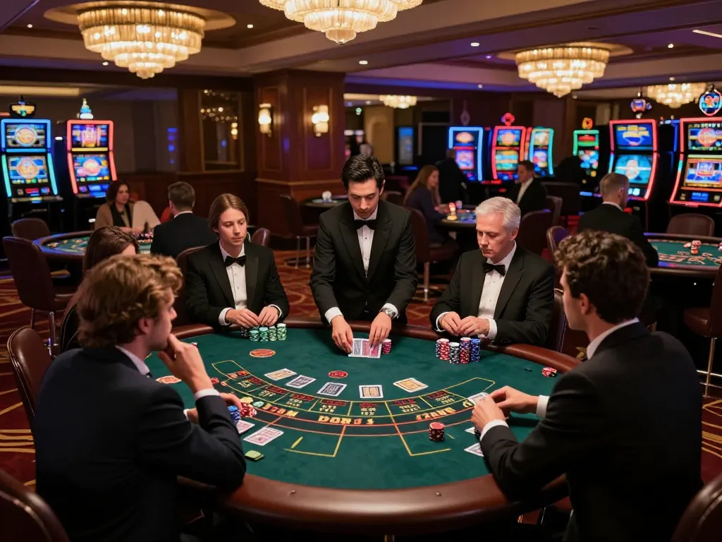fyhot players are enjoying a tense blackjack game at a luxurious table in a vibrant casino.