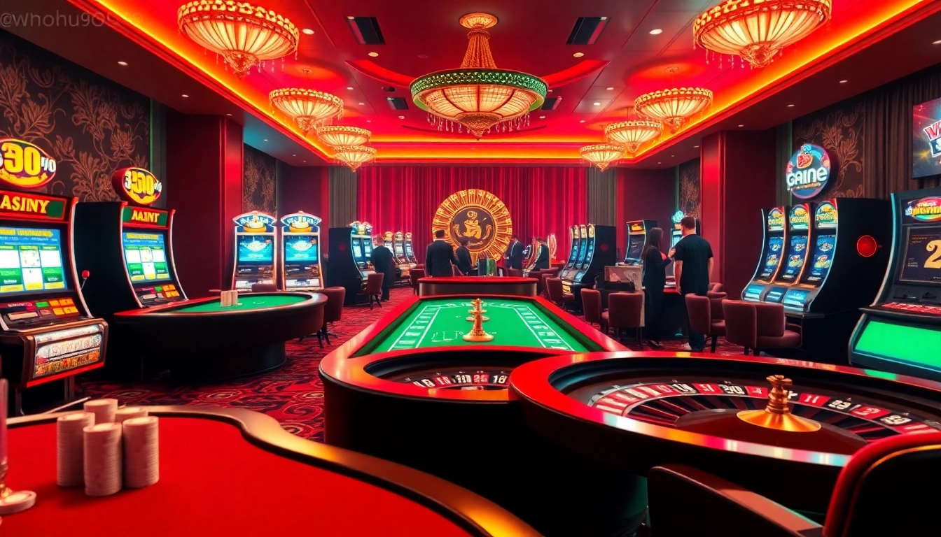 Nohu90 players enjoying exciting games at a luxurious casino table amidst vibrant lights.