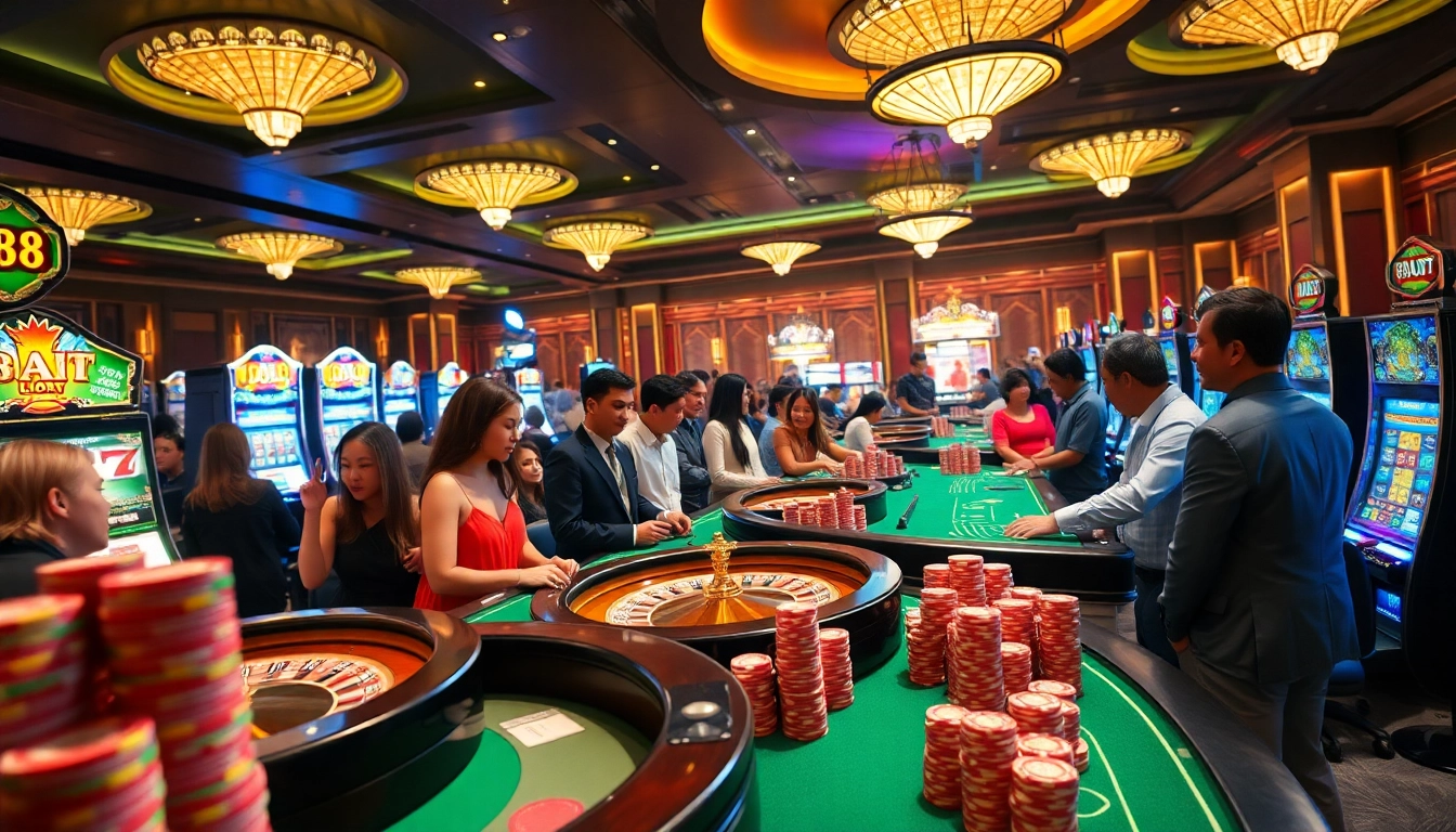 lu88 gamblers enjoying a thrilling moment at a luxurious casino table with vibrant slot machines.