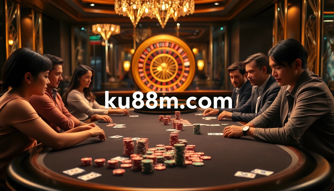 Gamblers enjoying poker at ku88m.com, showcasing vibrant chips and a dynamic casino atmosphere.