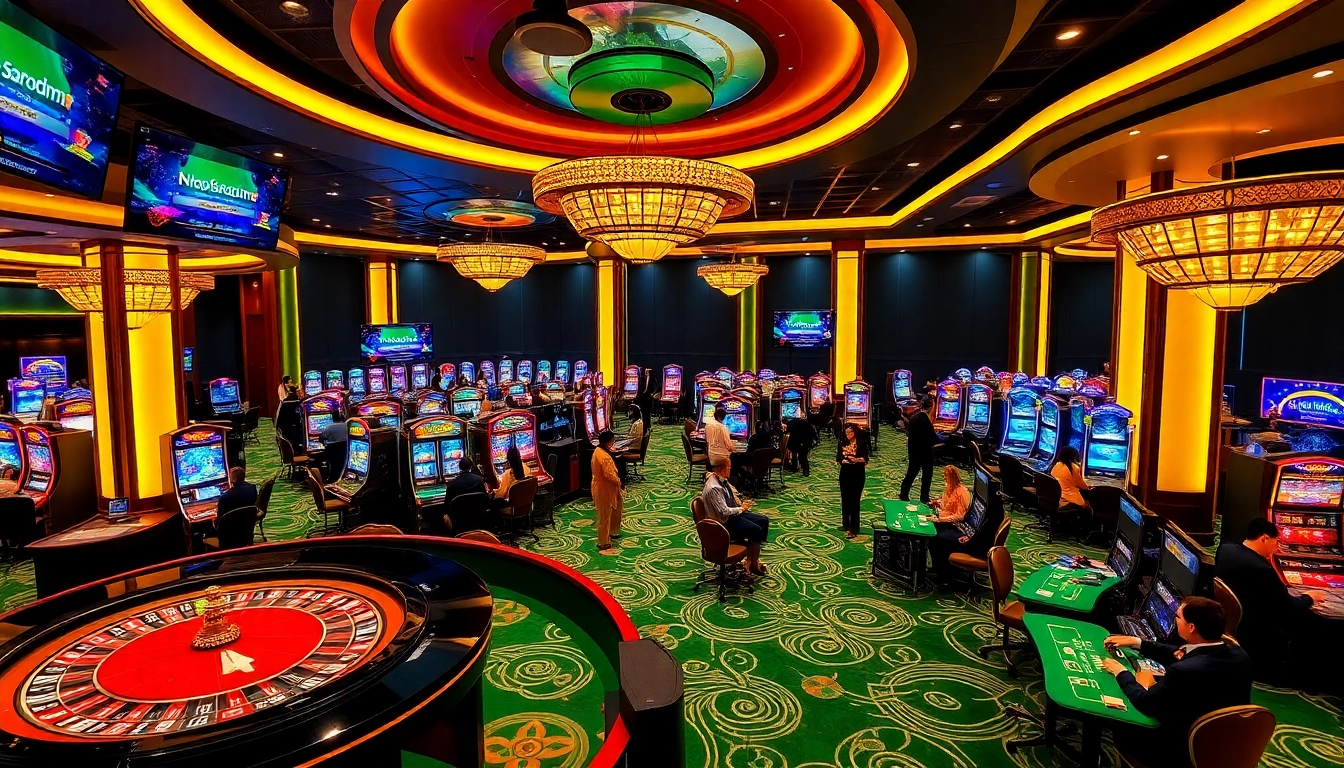 Nohu90 com showcases an exciting casino scene with players at poker and roulette tables.