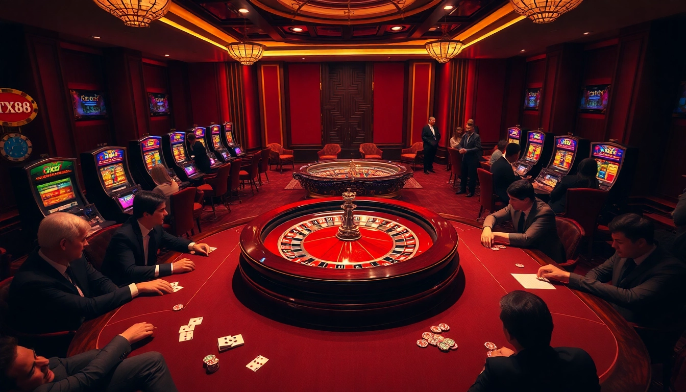 Experience thrilling gameplay with TX88 premium casino elements including roulette and slot machines.