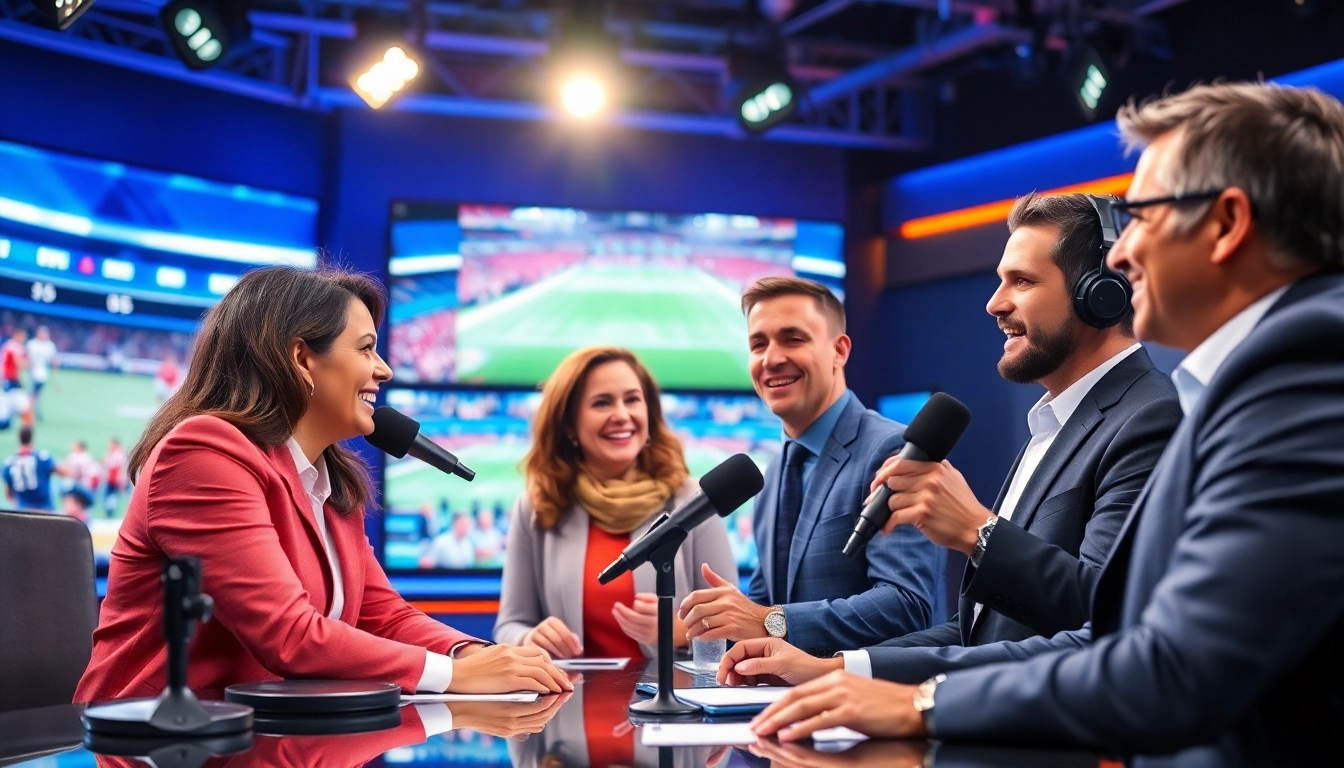 Engaging sports broadcasting scene showcasing diverse commentators in an energetic studio.