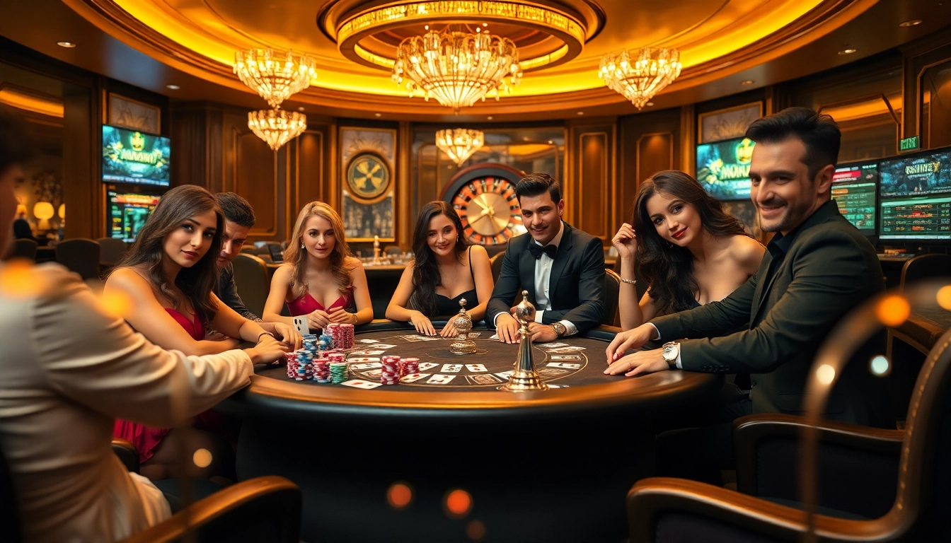 Gamblers intensely playing poker at a luxurious casino table, reflecting the thrill of Mm88 gaming.