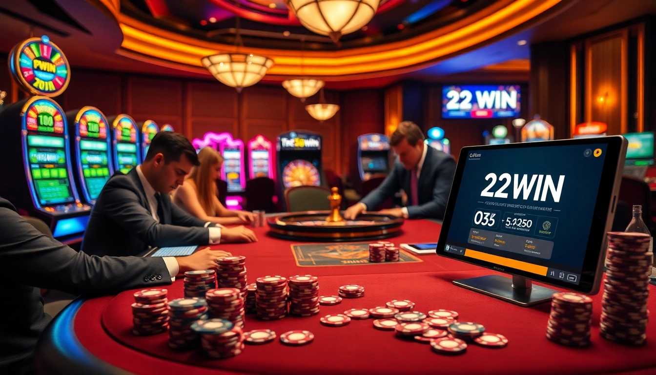 Gamblers enjoying the thrill at a luxury casino table featuring 32 WIN and vibrant slot machines.