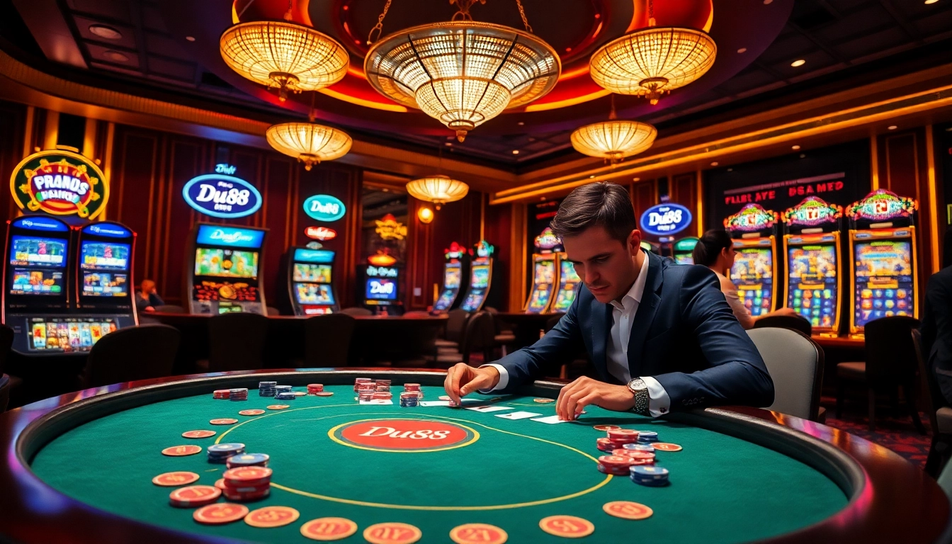 Real players engaging in a high-stakes poker game at Du88, surrounded by colorful casino elements.