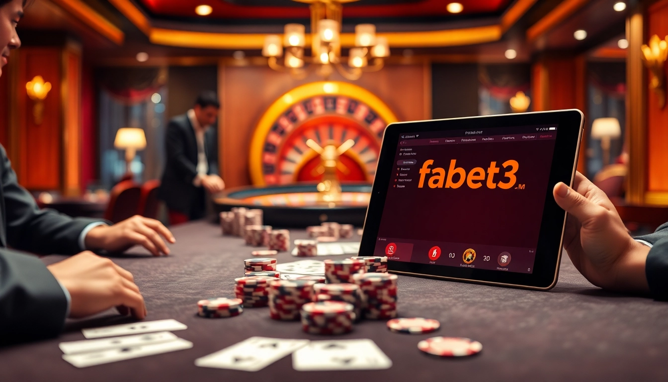 Experience high-stakes gambling at fabet3.com with an elegant poker table surrounded by excited players.