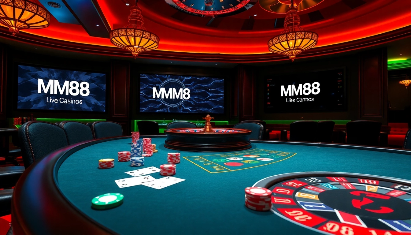 Players enjoying a high-stakes poker game at the MM88 casino, vibrant chips and cards in play.